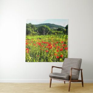 Tenture Spring Poppies Meadow and Mountain Landscape