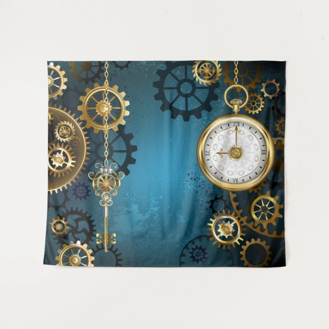 Tenture Steampunk Arrière - plan turquoise avec Gears (Devant (Horizontal))