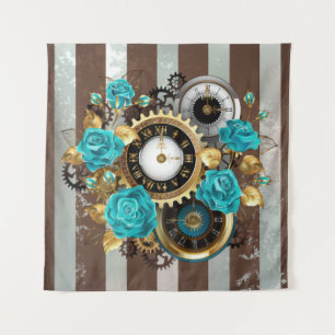 Tenture Steampunk Clock and Turquoise Roses on Striped