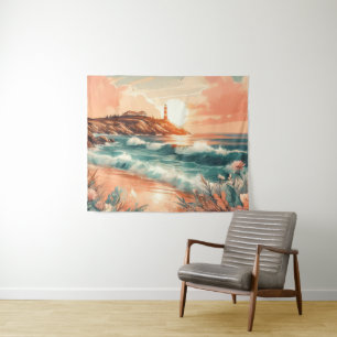Tenture Sunset Lighthouse Ocean Beach Boho Floral