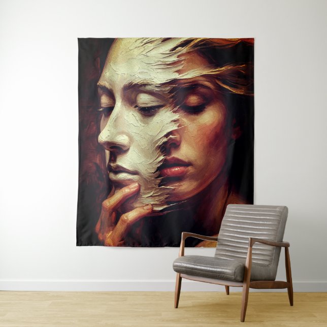 Tenture Surreal Woman Portrait with Painted Mask (En situation)
