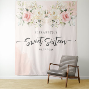 Tenture Sweet 16 Aquarelle rose Floral Anniversaire fond
