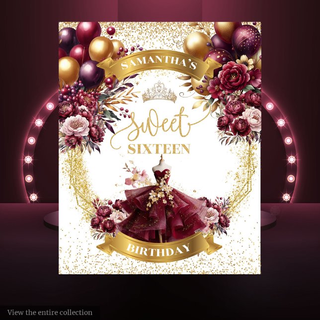 Tenture Sweet 16 Bannière Bourgogne robe Parties scintilla (Sweet 16 Banner Burgundy Dress Glitter Gold Tapestry)