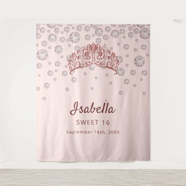 Tenture Sweet 16 rose or tiara couronne rose monogramme (Devant)