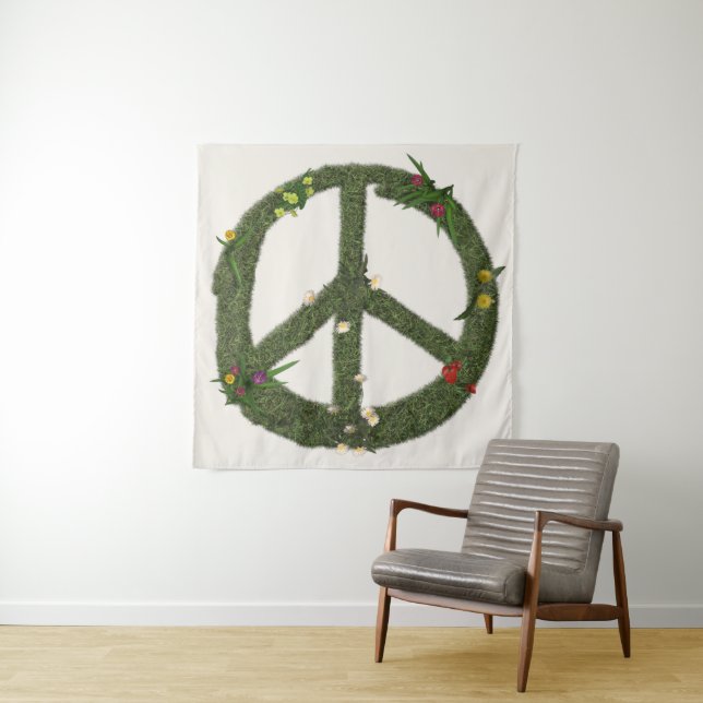 Tenture SYMBOLE DE PAIX DES FLEURS D'Herbe Réelles Hippie  (En situation)