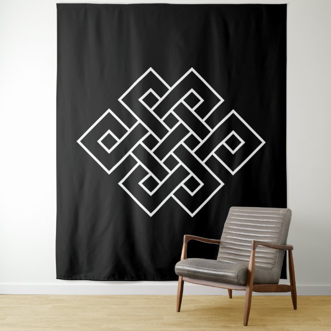 Tenture Symbole noeud blanc sans fin sur noir (En situation)