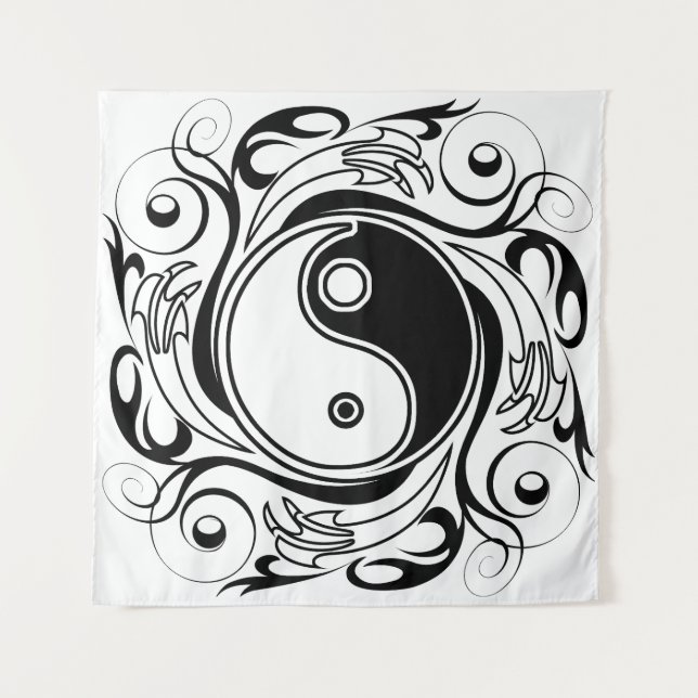 Tenture Symbole Yin et Yang Style tatouage noir et blanc (Devant)