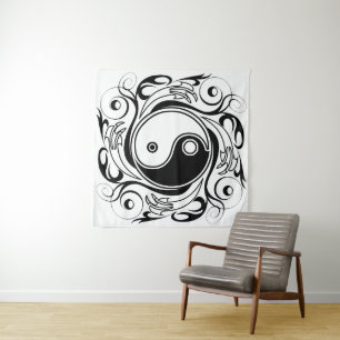 Tenture Symbole Yin & Yang noir et blanc de style tatouage