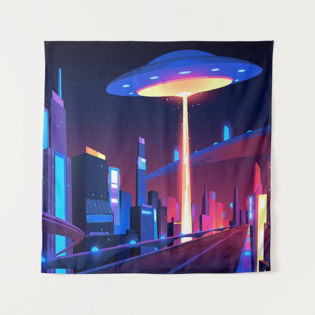 Tenture Synthwave Neon City : OVNI (Devant)