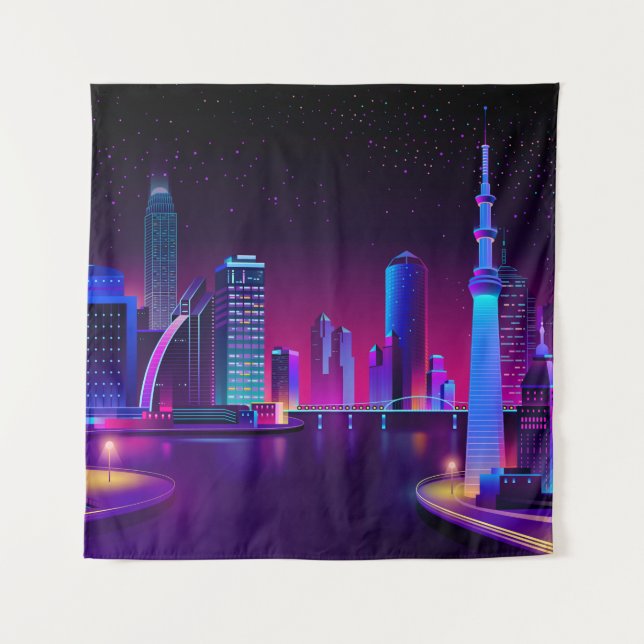Tenture Synthwave Neon City ⛔ Vector Art (Devant)