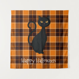 Tenture Tartan noir orange Plaid Chat noir Halloween