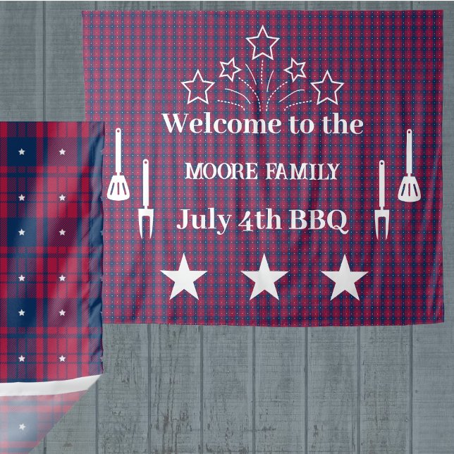 Tenture Tartan - Patriotique - Bleu Rouge Étoiles Blanches (Créateur téléchargé)