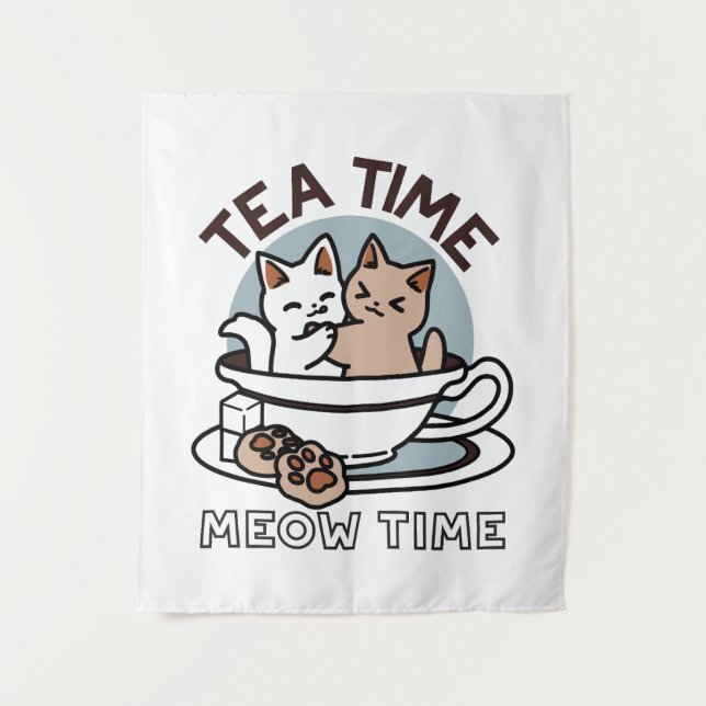 Tenture Tea Time Meow Time - Cute Cat and Tea Design (Devant)