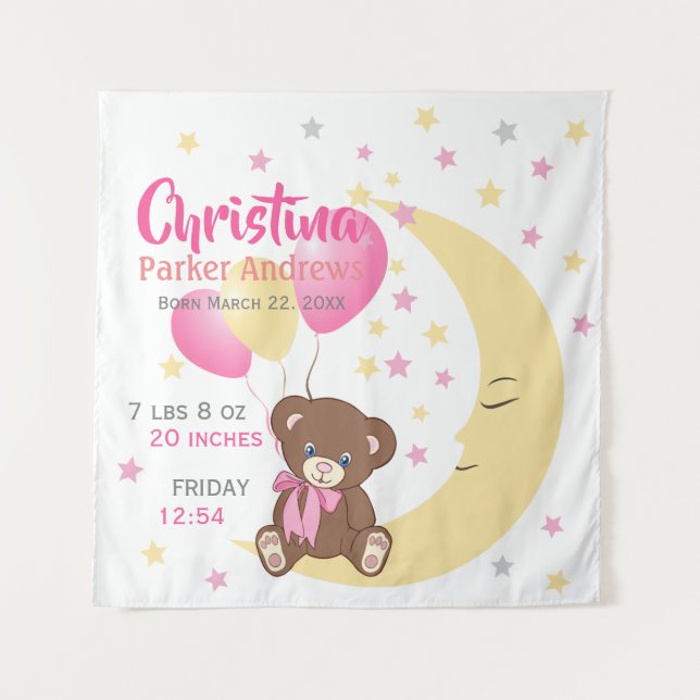 Tenture Teddy Bear assis sur la Lune Baby Birth Statistiqu (Devant)