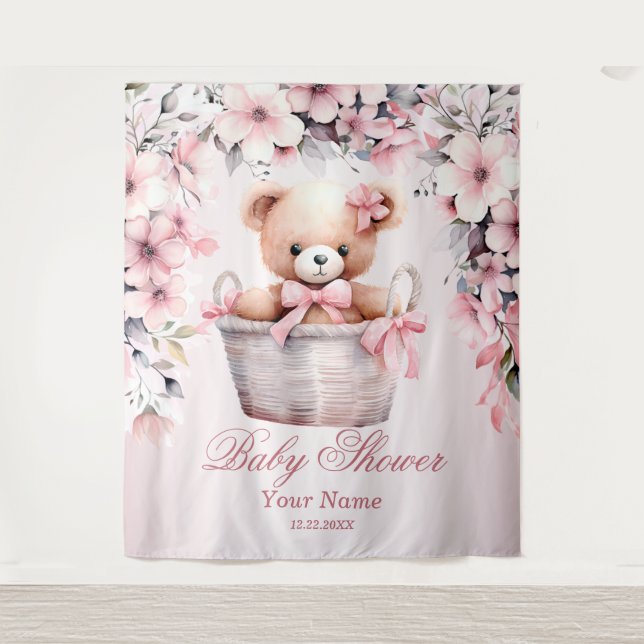Tenture Teddy Bear Baby Girl Fleurs roses Soirée Élégante (Devant)