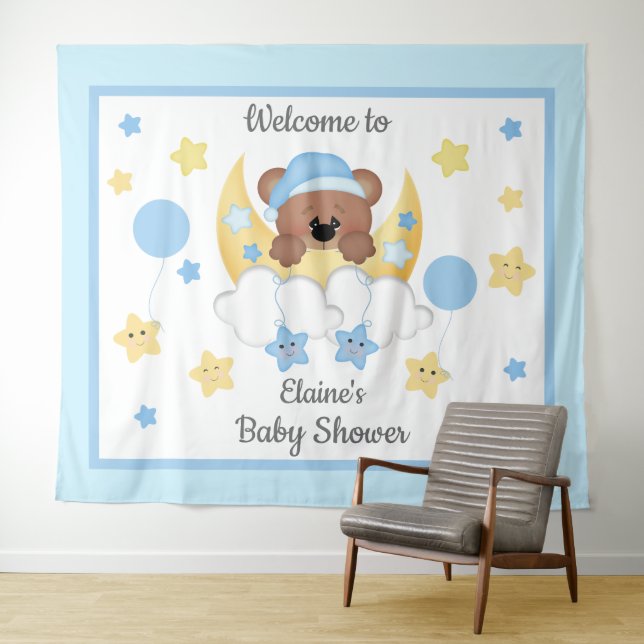 Tenture Teddy Bear Moon Stars Baby Boy Show fond (En situation (horizontale))