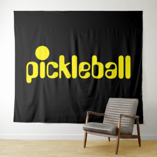 Tenture Texte de Pickleball jaune vif sur fond noir gras