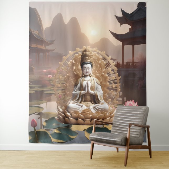Tenture Thousand-Hand Guanyin Chinese Landscape Tapestry (En situation)