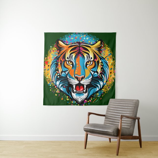 Tenture Tiger Head Rainbow colors paint stains (En situation)
