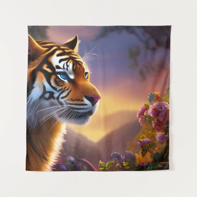 Tenture Tigre bleu et fleurs roses (Devant)