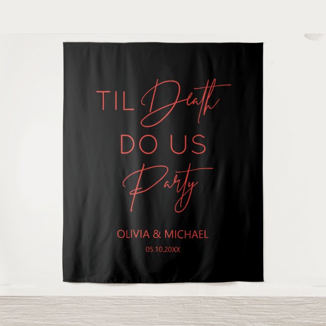 Tenture Til death do us party wedding red text backdrop  (Devant)