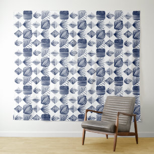 Tenture Tissu Tribal des Caraïbes : blanc, bleu marine