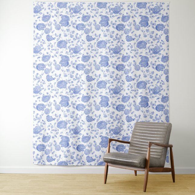 Tenture Toile Florale Bleu Blanc Élégant Cadre Chic (En situation)