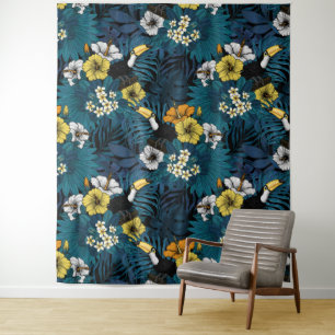 Tenture Toucans et flore tropicale, bleu, jaune, orange