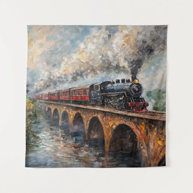 Tenture Train à vapeur sur un pont - Peinture à l'huile (Devant)