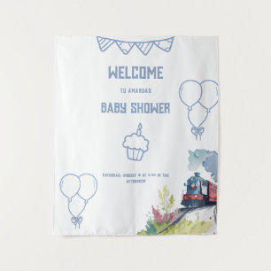 Tenture Train Bleu Ballons Garçon Baby Shower Fantaisiste