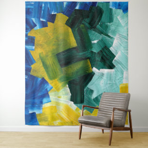 Tenture Traits de pinceau abstraits bleus, verts et jaunes