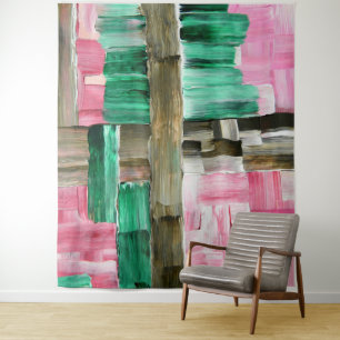 Tenture Traits de pinceau abstraits en vert, rose et marro