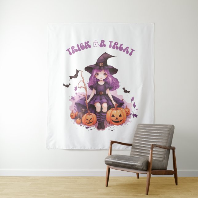 Tenture Trick ou traiter la sorcière violette Citrouilles  (En situation)