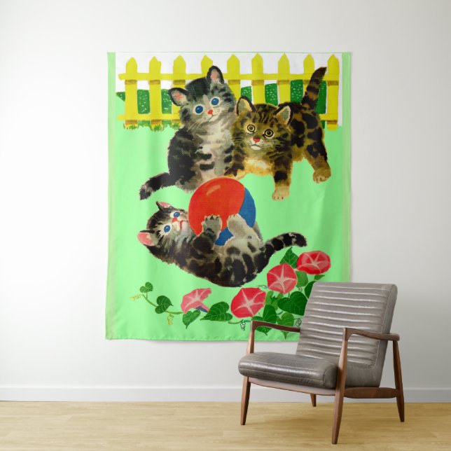 Tenture trois petits chatons imprimés (En situation)