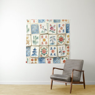 Tenture Tuiles de Mahjong Chinoiserie Fleurs Aquarelles Oi