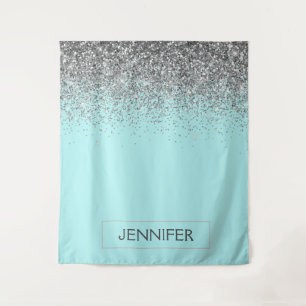 Tenture Turquoise Bleu Aqua Argent Pailleté Monogramme Nom