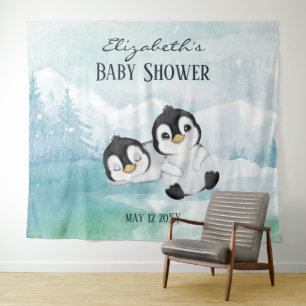 Tenture Two Adorable Penguins Baby Shower Backdrop