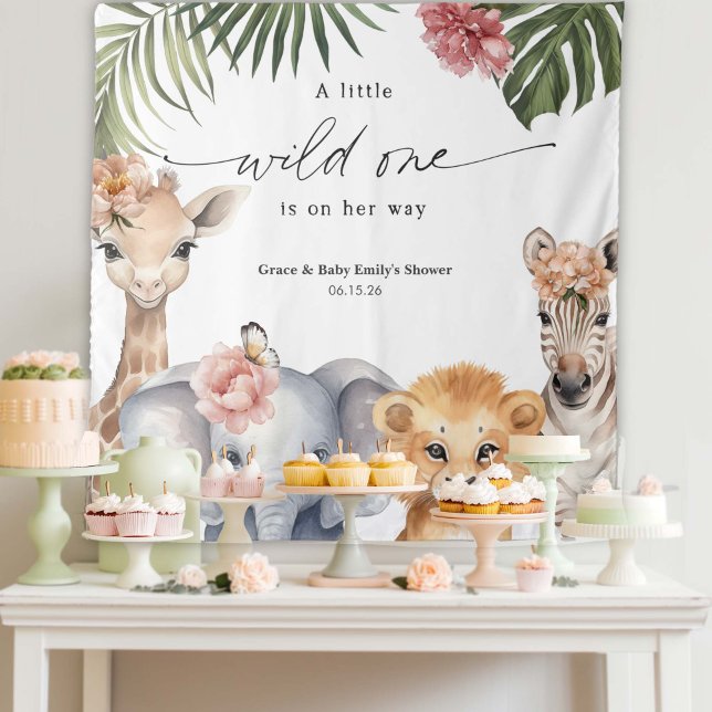 Tenture Un Baby shower animal sauvage Un Safari Contexte (Wild One Safari Animal, Baby Girl Shower Party Backdrop.)