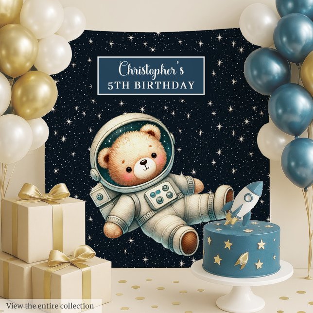 Tenture Un garçon Anniversaire avec l'astronaute Teddy Bea (Boy Birthday Backdrop with Astronaut Teddy Bear)
