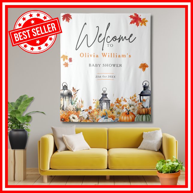 Tenture Un petit panneau de bienvenue pour une baby shower (A Little Pumpkin is on the Way Fall Autumn Floral Baby Shower WELCOME SIGN Tapestry)