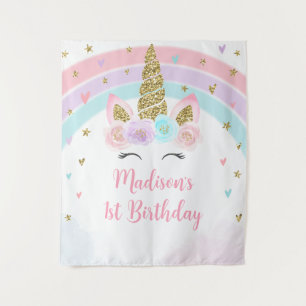 Tenture Unicorne Arc en ciel rose or Anniversaire