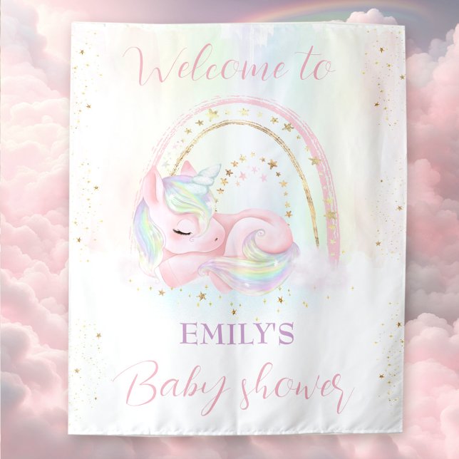 Tenture Unicorne baby shower bébé douche signe de bienvenu (Unicorn baby shower baby girl shower welcome sign tapestry)