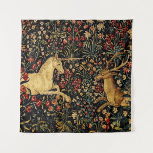 Tenture Unicorne médiévale Midnight Floral Garden