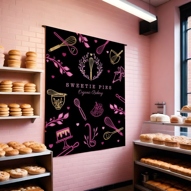 Tenture Ustensiles de cuisine et de pâtisserie Black, Pink (Black, Pink & Gold Baking & Cooking Utensil Bakery Tapestry)