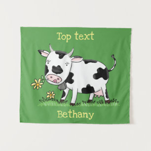 Tenture Vache mignonne en vert dessin animé sur le terrain