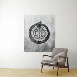 Tenture Vegvisir avec Ouroboros et runes - gamme de gris