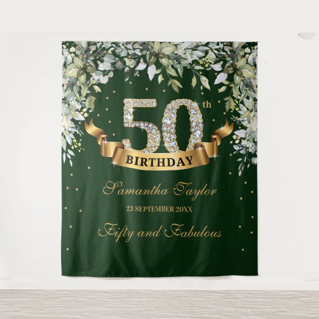 Tenture Verdure boho feuillage et 50e anniversaire en or (Devant)