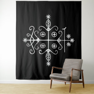 Tenture Veve blanc de Papa Legba sur noir
