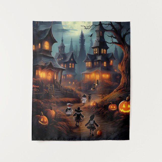 Tenture Village éffrayant d'Halloween avec des poussettes  (Devant)