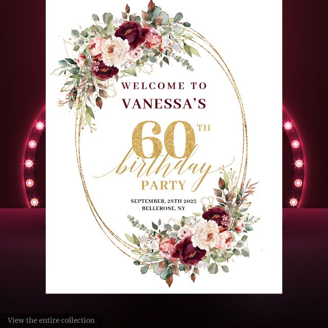 Tenture Whimsical Burgundy Gold Greenery 60th Birthday  (Whimsical Burgundy Gold Greenery 60th Birthday Banner)
